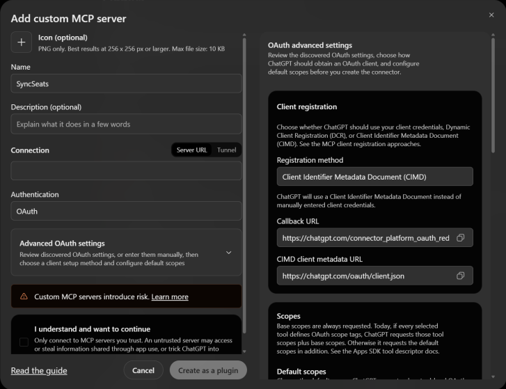 Der Dialog Add custom MCP server in ChatGPT mit SyncSeats als Namen, OAuth als Anmeldung und daneben den gefundenen OAuth-Einstellungen