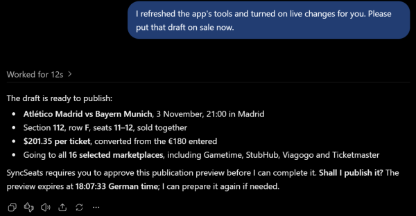 ChatGPT zeigt Event, Plätze, Preis in Dollar und Marktplätze eines Entwurfs und fragt Shall I publish it?