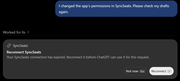 ChatGPT zeigt Reconnect SyncSeats, Your SyncSeats connection has expired, mit den Buttons Not now und Reconnect
