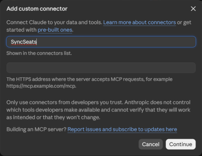 Der Dialog Add custom connector in Claude mit SyncSeats als Namen und einem Feld für die Server-Adresse