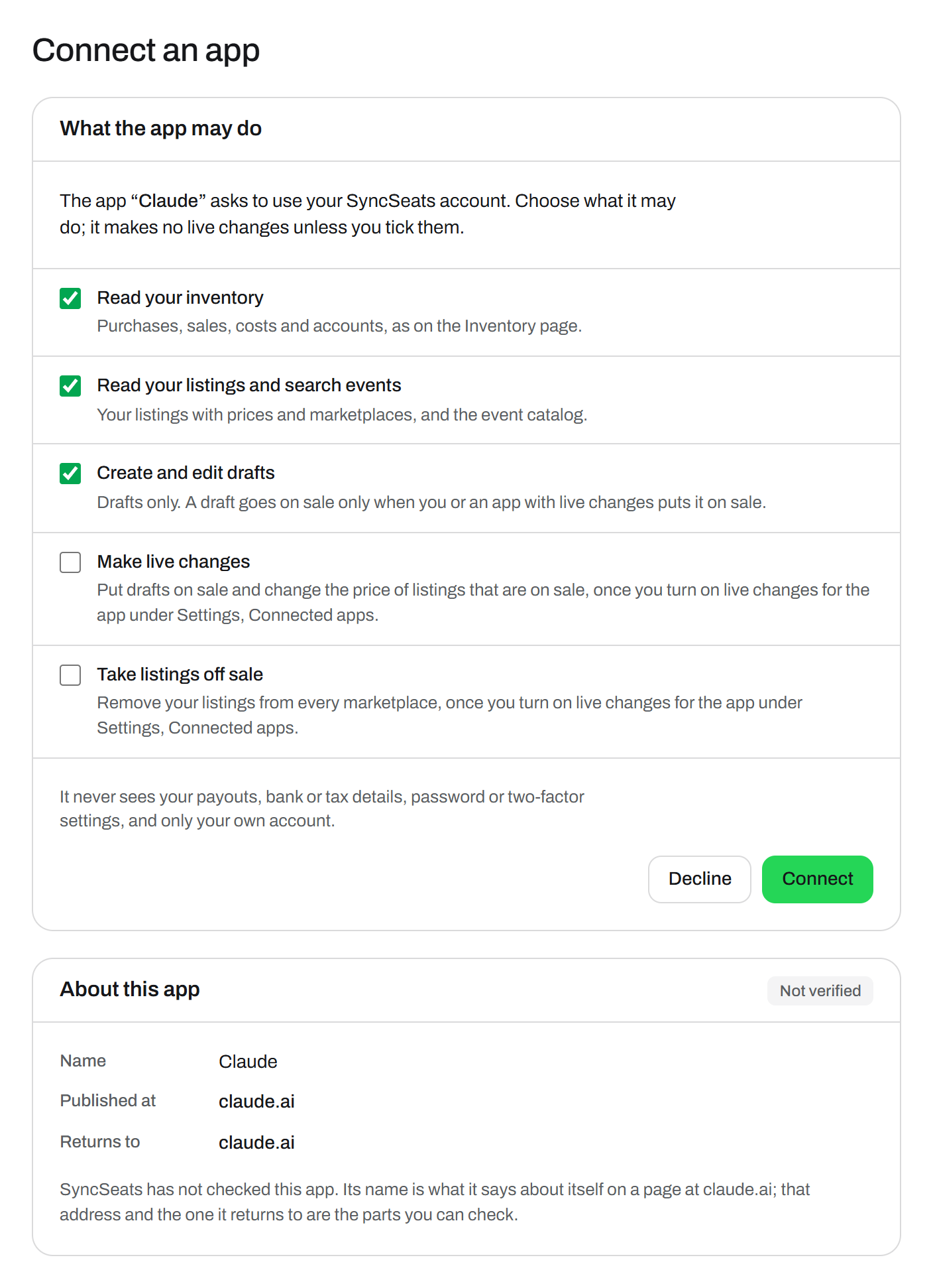 Die SyncSeats-Seite Connect an app für Claude: fünf Rechte, die letzten beiden nicht angehakt, die Buttons Decline und Connect und der Kasten About this app