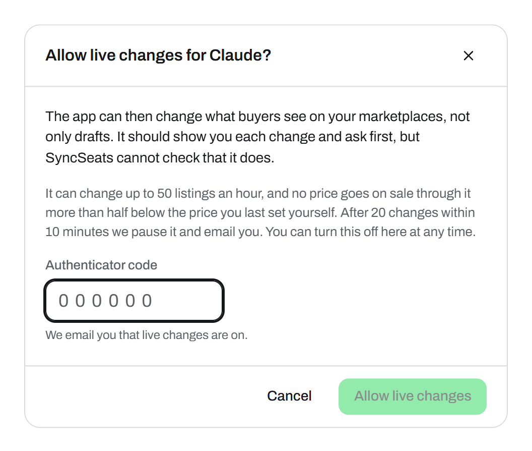 Der Dialog Allow live changes for Claude? mit dem, was die App dann darf, einem Feld für den Authenticator-Code und dem Button Allow live changes