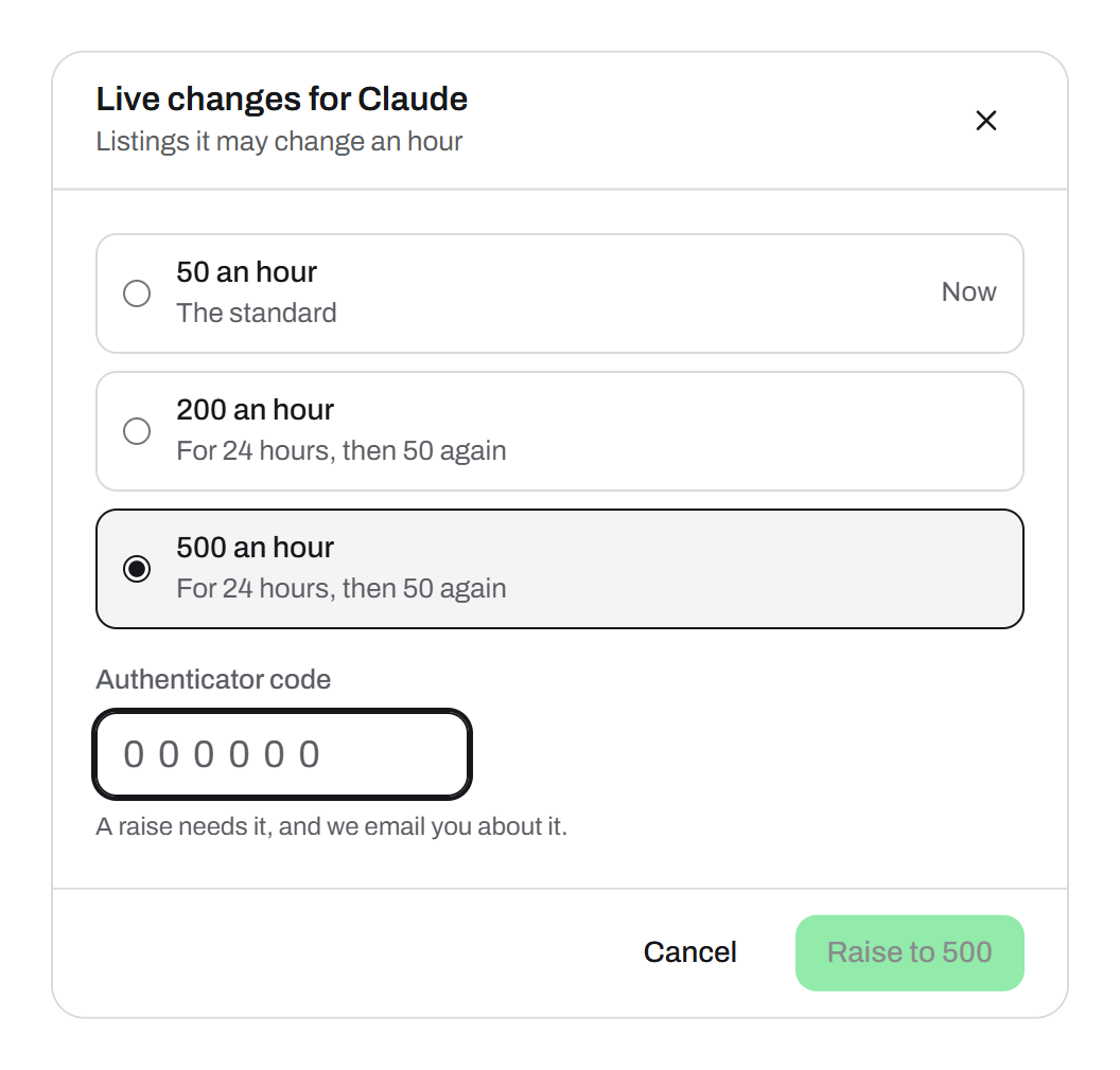 Der Dialog Live changes for Claude mit 50, 200 und 500 in der Stunde, 500 gewählt, einem Feld für den Authenticator-Code und dem Button Raise to 500