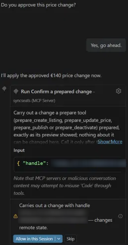 VS Code fragt, ob es Confirm a prepared change von syncseats ausführen soll, mit den Buttons Allow in this Session und Skip